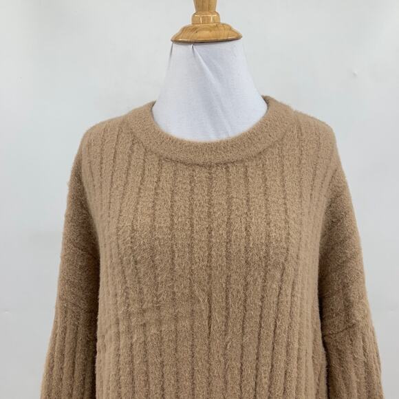 Aerie Sweater Womens S Small Stone Fuzzy Cozy Ribbed Oversized Crewneck Pullover - Picture 3 of 13